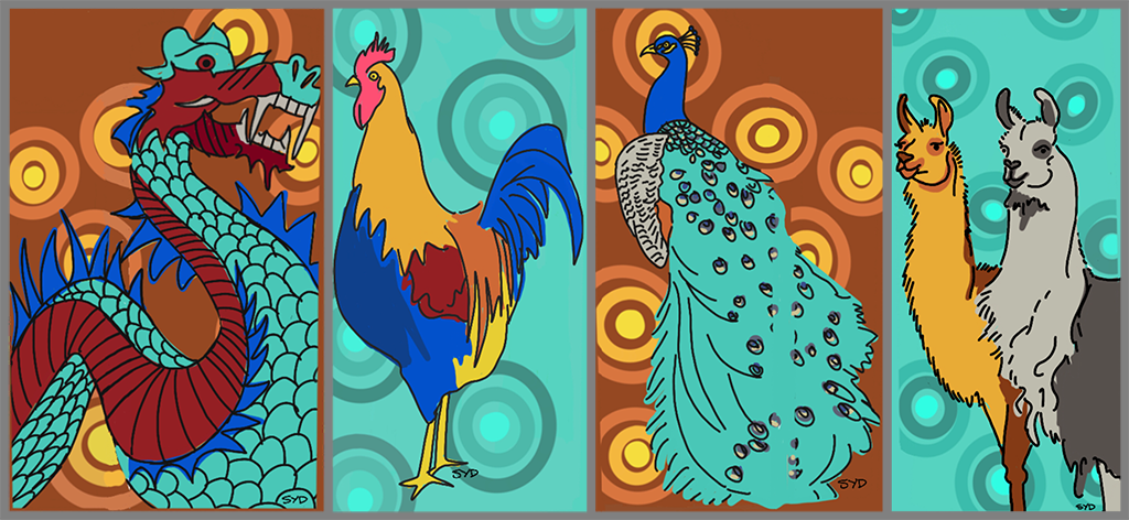 Dragon, rooster, peacock, llamas, by Sydney Compeau, Blue Heron Studio